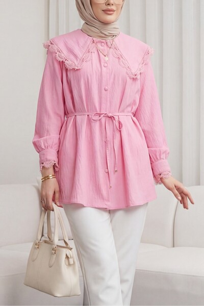 Modamorfo Baby collar scalloped waist lace modal tunic - pink