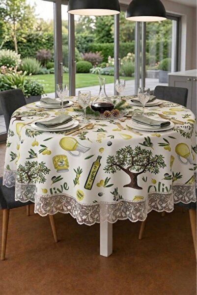 Rona Home Πολυτελές στρογγυλό τραπεζομάντιλο με μοτίβο κλαδιού ελιάς, με κορδ...