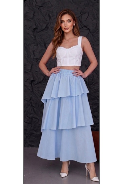 Dagü Design Women's Modest Wear Layered Flounce Ruffled Blue Poplin Long Skirt