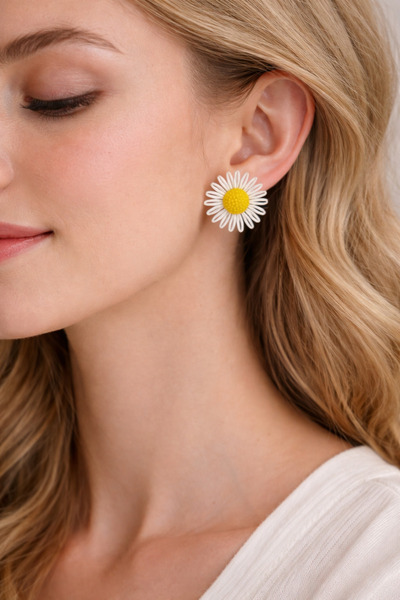 Modex أقراط على شكل زهرة ديزي بتفاصيل مطرزة على الطراز البوهيمي (5 سم)