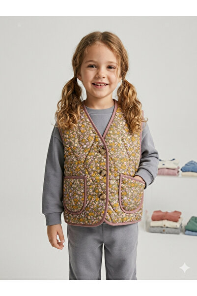 Motebarn Wear Motebarn Vestă matlasată cu flori pentru fete, maro, 2-7 ani