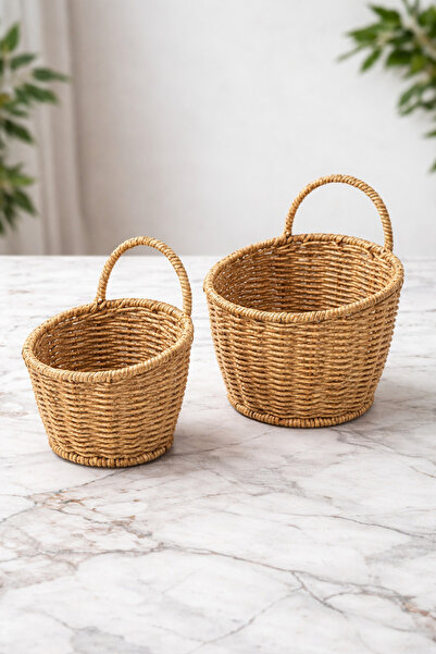 YzHome 2 Li Hasır Rattan Kulplu Askılı Çok Amaçlı Sepet Kaşıklık Organizer Dü...