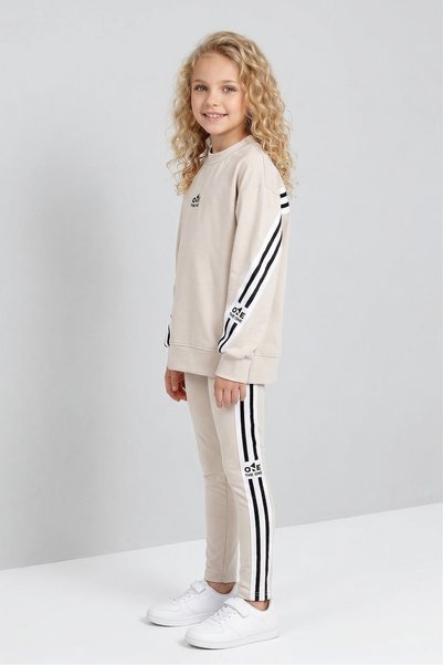 Black One Girls' Striped Detail Piece Casual Sweatshirt and Leggings Sport Set – Relaxed Fit, Soft Fabric
