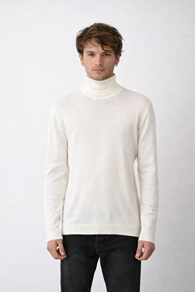İLKCET MODA Men's White Turtleneck Fisherman Knit Sweater