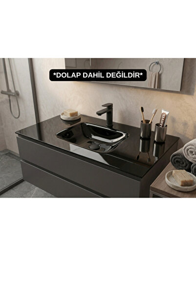 Vetrola Siyah Krokan Cam Lavabo Batarya Delikli 65X46 cm