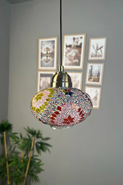 Bamyum Noura Mozaik-C Renkli Cam Tekli Avize Eskitme Tepe Başlık Retro Sarkıt...