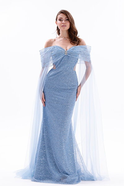 BDM Exclusive Drapeli Taş Detaylı Tül Payet Pelerinli Uzun Abiye Elbise (