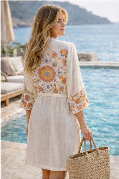 Faralya Life Etnik Desen Müslin Kumaş S-M Beden Yazlık Kimono Sabahlık %100 P...