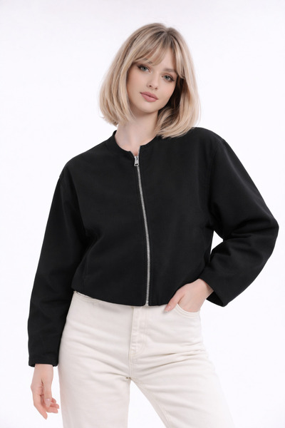 freemen سترة نسائية سوداء كبيرة الحجم بأكمام بالونية وسحاب أمامي