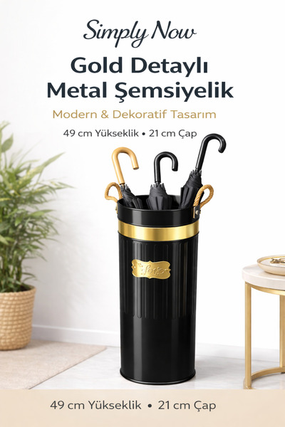 Simply Now Metal Şemsiyelik 49x21 cm Gold Detaylı Dekoratif Ev & Ofis Organizer