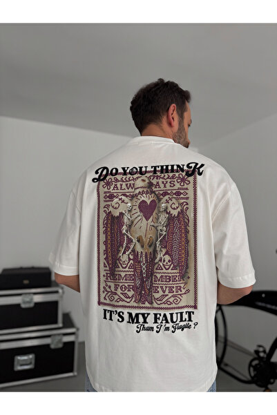 BYBASICMAN Tricou oversize alb Think cu imprimeu în relief pe spate TW-1044