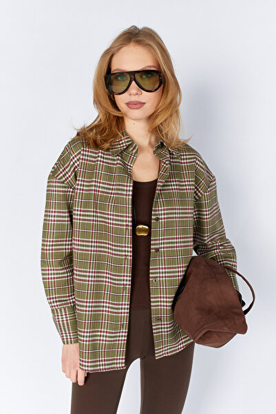 Manche Haki Ekose Desenli Oversize Gömlek | MKS1610714-1