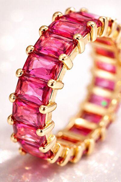 VİYA Loni Baguette قطع الزركون خاتم الحجر الوردي