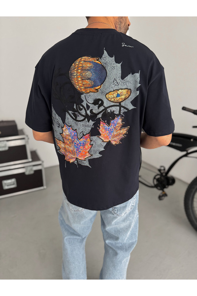 BYBASICMAN Tricou oversize bleumarin cu aplicații tip frunze SW-5118