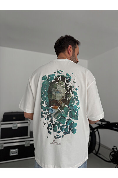 BYBASICMAN Tricou supradimensionat alb cu imprimeu în relief Broken Vincent S...