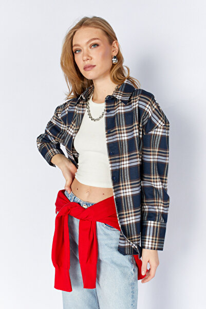 Manche Lacivert Ekose Desenli Oversize Gömlek | MKS1610714-1