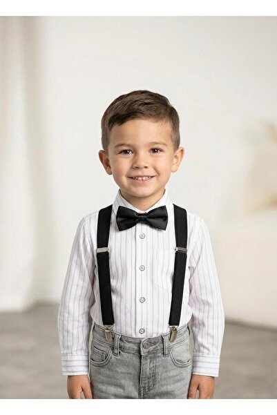 shop طقم حزام بنطلون غير لامع قابل للتعديل وربطة عنق باللون الأسود للأولاد