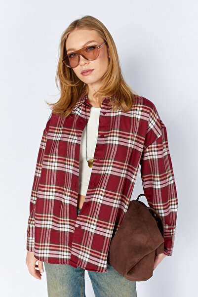 Manche Bordo Ekose Desenli Oversize Gömlek | MKS1610714-1