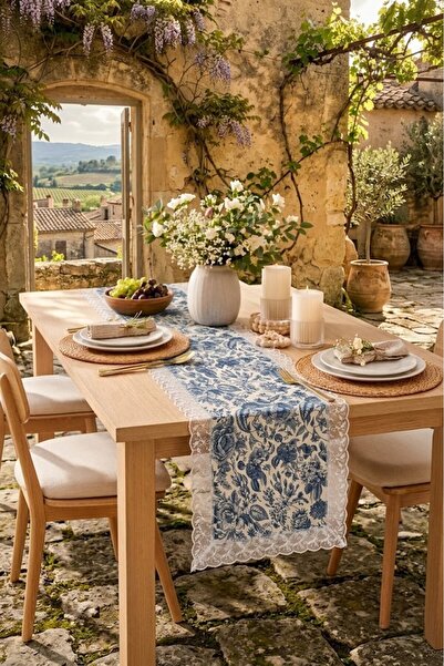 Rona Home Τραπεζομάντιλο με κορδόνια μπλε με σχέδιο φύλλων - Πολυτελές κομψό ...