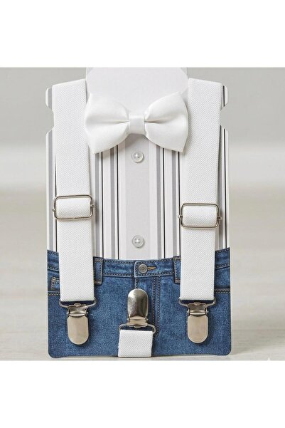 shop طقم حزام بنطلون مطاطي قابل للتعديل وربطة عنق باللون الأبيض للأولاد