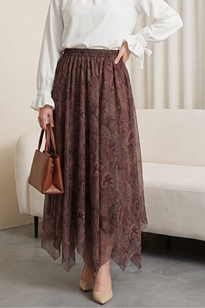 Modamorfo Elastična suknja od šifona sa šarom i podstavom - Smeđa