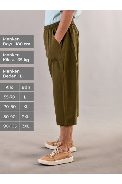 DUXA 100% Cotton Linen Textured Elastic Waist Lace-Up Men's Casual Home Outdoor Sports Summer Below Knee Plus Size Capri Shorts Pants