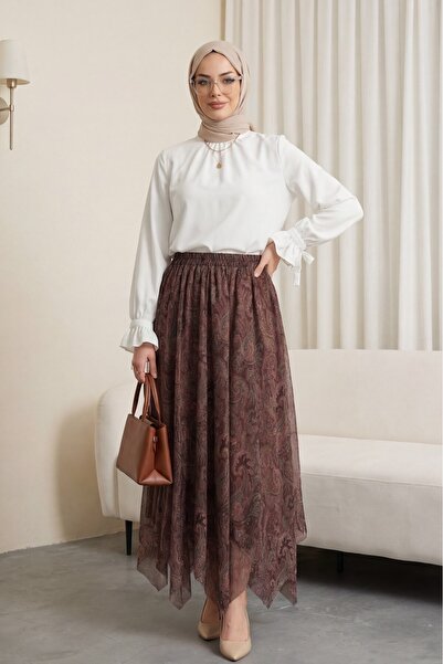 Modamorfo Elastic Waist Patterned Lined Chiffon Skirt - Brown