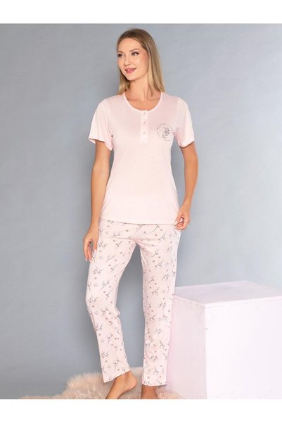Poppy Short Sleeve Placket Pajama Set - Summer Floral Pattern Soft Milan Fabric - M, L, Xl, XXL 58-01