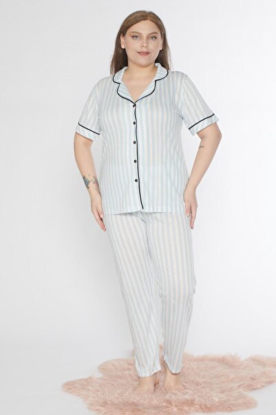 Alperi Boydan Buttoned Oversized Large Size Striped Short Sleeve Pajama Set B...