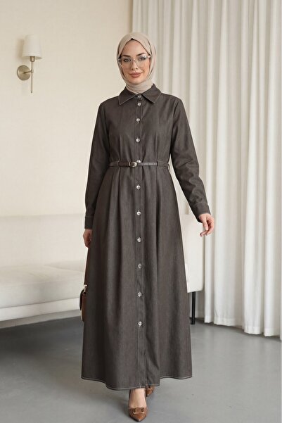 Modamorfo Buttoned Front, Pleated Detailed Tunnel Belted Denim Dress - Earthy