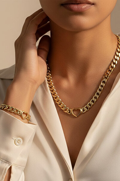 XUPING JEWELRY Stil Incisi/Xupıng Jewelry 14 Ayar Altın Kaplama Kalpli Kolye Set