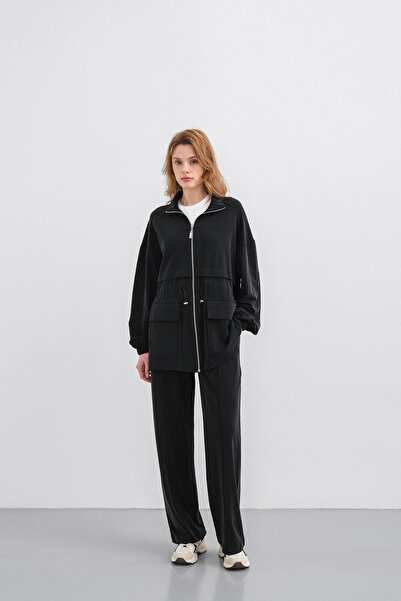 Basicpark Siyah Kadın Bel Lastik Detaylı Cepli Fermuar Kapamalı Tencel Karışı...