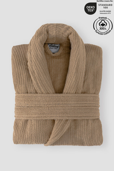 Ellaline Μπεζ ριγέ μπουρνούζι 100% πιστοποιημένο βαμβακερό γιακά σάλι Μπουρνο...