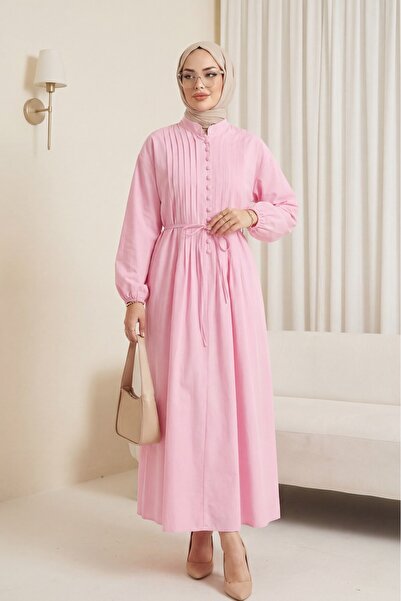 Modamorfo Ribbed Front Half-Buttoned Poplin Dress -Pink