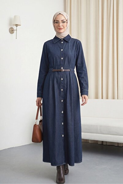 Modamorfo Buttoned Front, Pleated Detailed Tunnel Belted Denim Dress -K.Laci