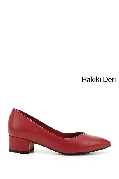 GÖNDERİ(R) حذاء نسائي/بنات أحمر عتيق قصير بكعب سميك من الجلد الطبيعي