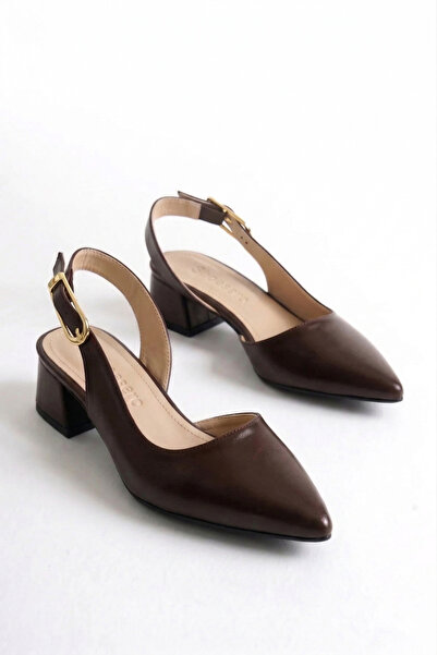 Shoesers Kadın Acı Kahverengi Asimetrik Bantlı Sivri Burunlu Alçak Topuklu Gü...