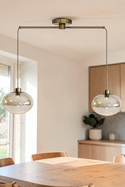 Bamyum İkili Solvia Cam Bal Rengi Metal Çubuk Avize İnce Eskitme Başlık Retro...