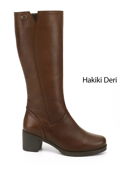 GÖNDERİ(R) حذاء نسائي بني عتيق بسحاب وكعب سميك من الجلد الطبيعي