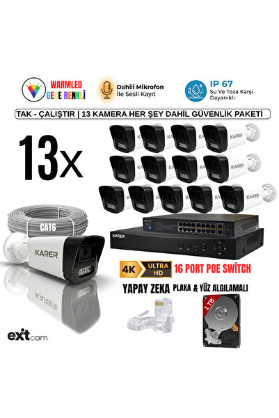 KARER 13'lü IP KAMERA-POELİ-5MP-ULTRA HD-4K 1920 ÇÖZÜNÜRLÜK-SESLİ-GECE RENKLİ...