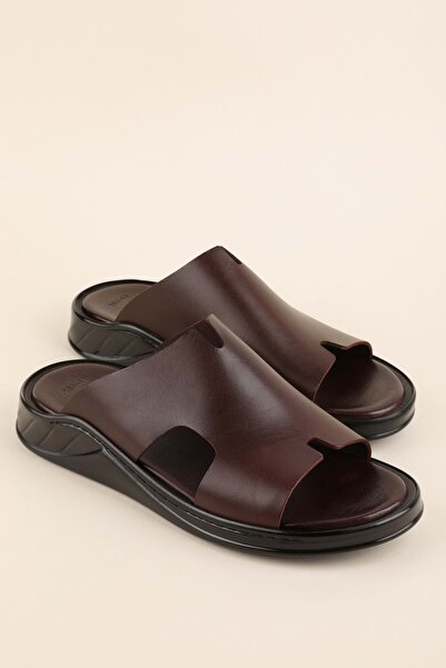 Gondol Men's Genuine Leather Daily Comfortable Sole Slipper Hkm.184 Brown