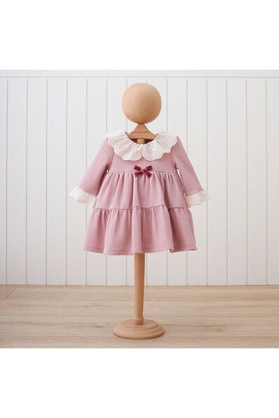 DIDuStore Kat Kat Volanlı Etek ve Dantel Yaka Detaylı Şık Kız Bebek Elbisesi