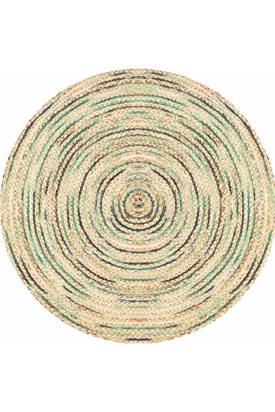 kilim home Boho 950 Jüt Rengi Ve Yeşil Desenli Örgü Yuvarlak Natural Çift Tar...