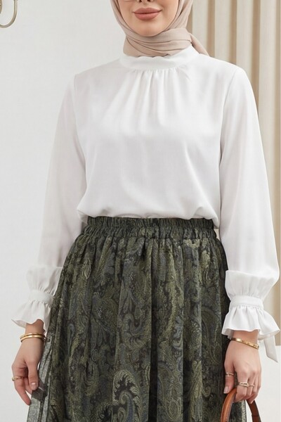 HİJABAYA Μπλούζα από κρεπ με ψηλό γιακά, βολάν στα μανίκια, κορδόνια και φερμ...