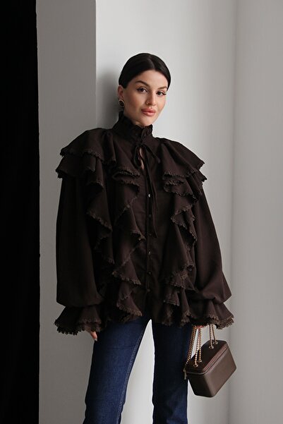 Julidress Kahve Dantel ve Bağlama Detaylı Premium Vintage Keten Dokulu Gömlek