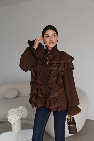 Julidress Kiremit Rengi Dantel ve Bağlama Detaylı Premium Vintage Keten Dokul...