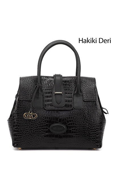 GÖNDERİ(R) حقيبة يد وكتف نسائية كبيرة الحجم من الجلد الطبيعي باللون الأسود من...