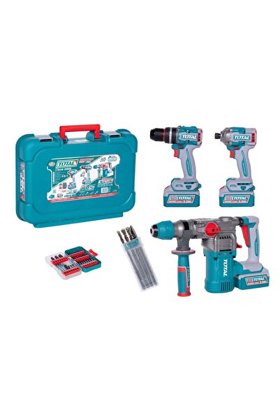 TOTAL 20V Kit, Rotary Hammer, Impact Drill, Screwdriver, 2 5.0Ah Batteries an...