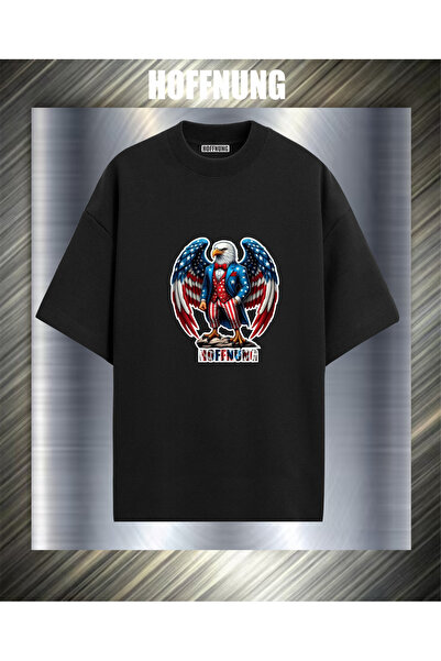HOFFNUNG Unisex Short Sleeve Round Neck Usa Eagle Printed Solid Color Tshirt