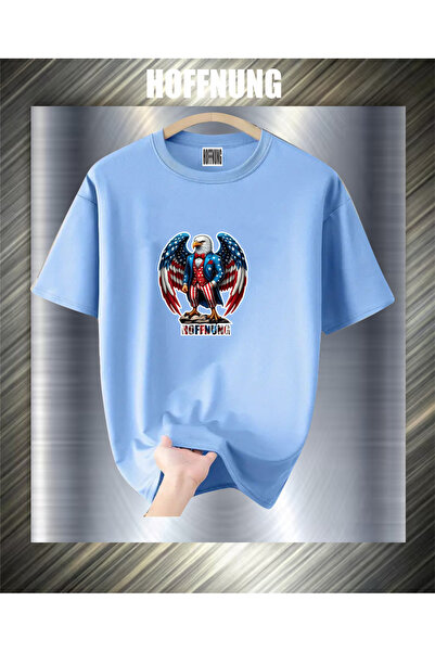 HOFFNUNG Unisex Short Sleeve Round Neck Usa Eagle Printed Solid Color Tshirt